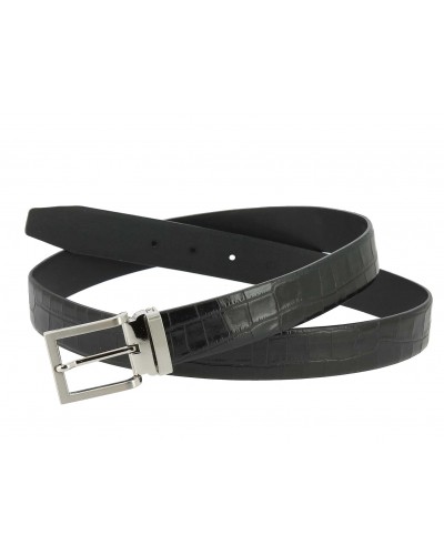 Leather Belt black croco-effect embossed leather