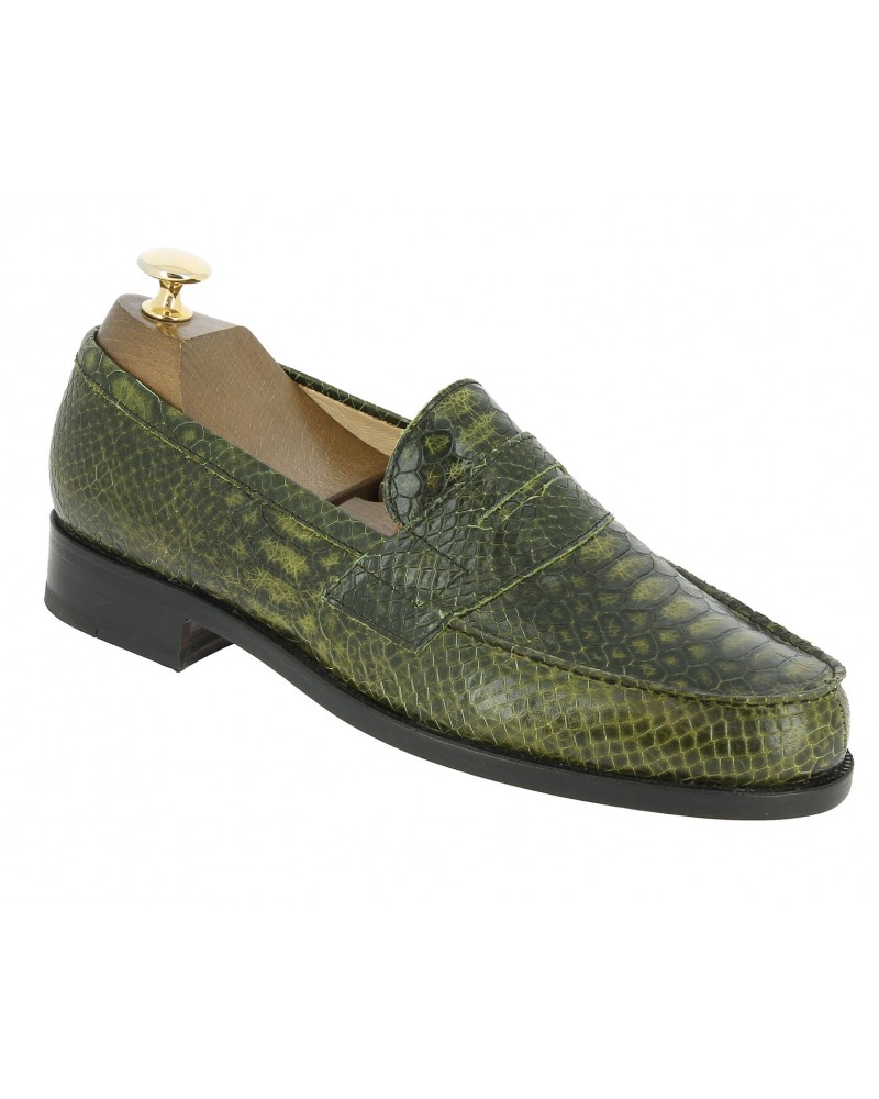 Moccasin Center 51 1961 Tod green python-effect embossed leather