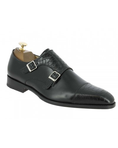 Double Monk strap shoe Center 51 13220 bi-material black leather and black python-effect embossed leather