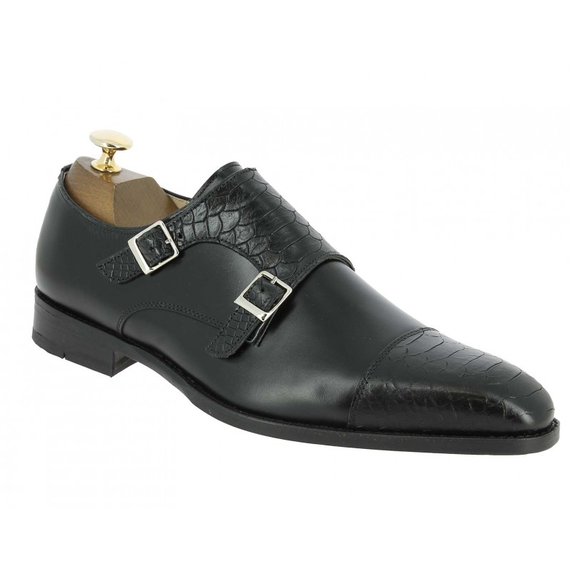 Double Monk strap shoe Center 51 13220 bi-material black leather and black python-effect embossed leather