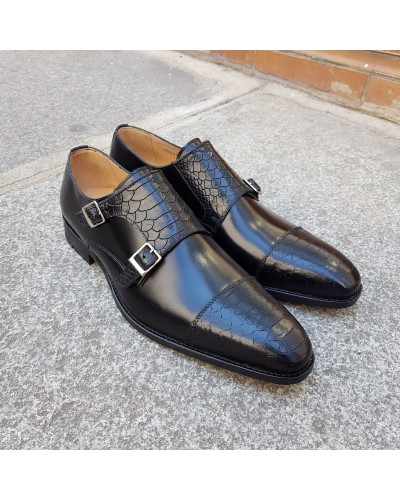 Double Monk strap shoe Center 51 13220 bi-material black leather and black python-effect embossed leather