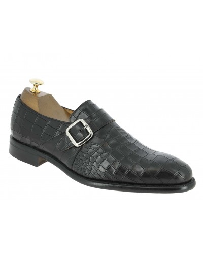 Monk strap shoe Berwick 3520 black croco-effect embossed leather