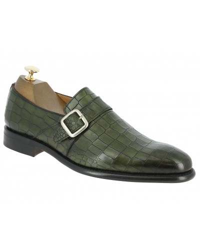 Monk strap shoe Berwick 3520 green croco-effect embossed leather