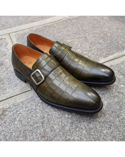 Monk strap shoe Berwick 3520 green croco-effect embossed leather