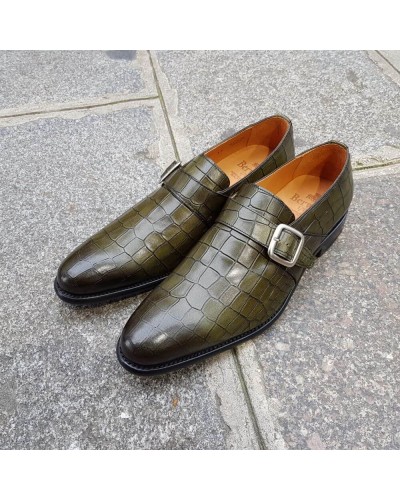 Monk strap shoe Berwick 3520 green croco-effect embossed leather