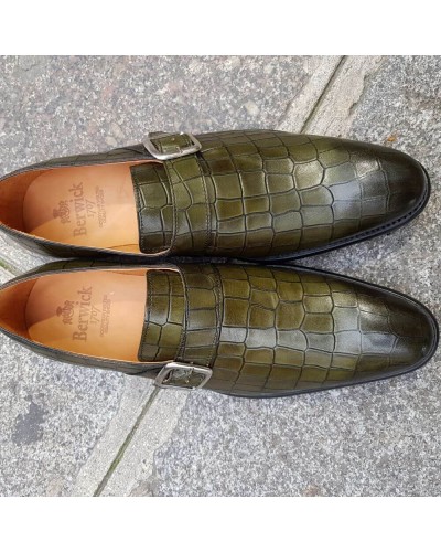 Monk strap shoe Berwick 3520 green croco-effect embossed leather