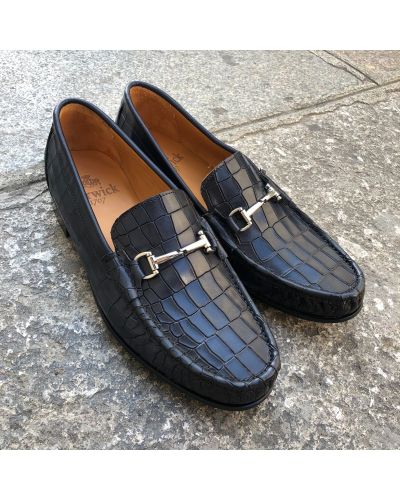 Moccasin shoe Berwick 5285 blue navy croco-effect embossed leather