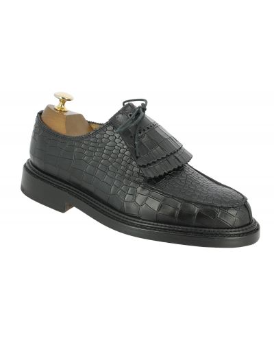 Derby shoe Triple Sole John Mendson 14300 black croco-effect embossed leather with tassels