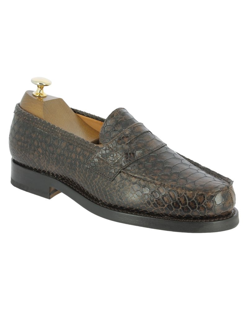 Moccasin John Mendson 14407 brown python-effect embossed leather