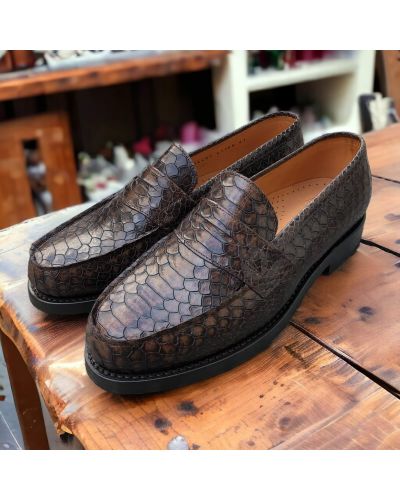 Moccasin John Mendson 14407 brown python-effect embossed leather