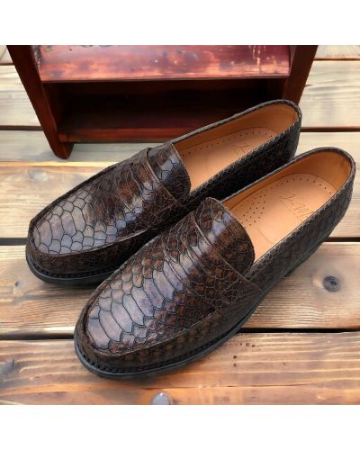 Moccasin John Mendson 14407 brown python-effect embossed leather