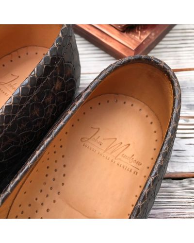 Moccasin John Mendson 14407 brown python-effect embossed leather