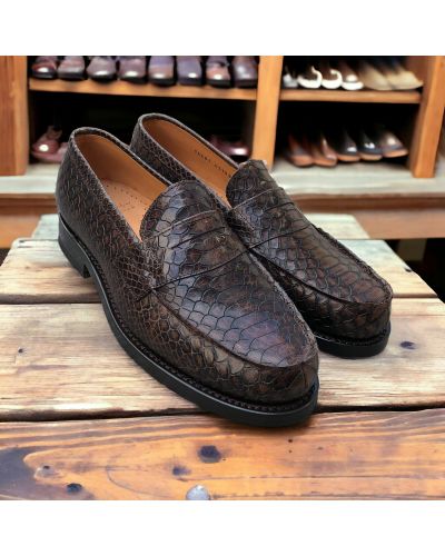 Moccasin John Mendson 14407 brown python-effect embossed leather