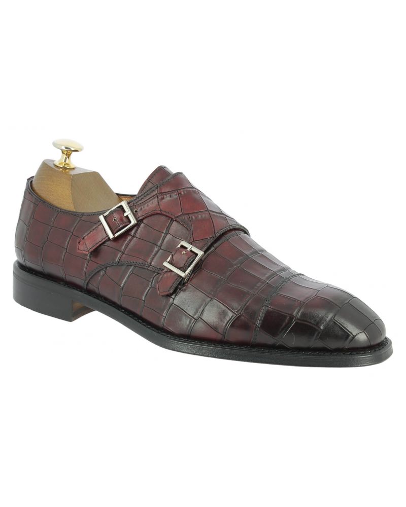 Double Monk strap shoe Berwick 5441 burgundy croco-effect embossed leather