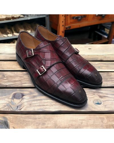 Double Monk strap shoe Berwick 5441 burgundy croco-effect embossed leather