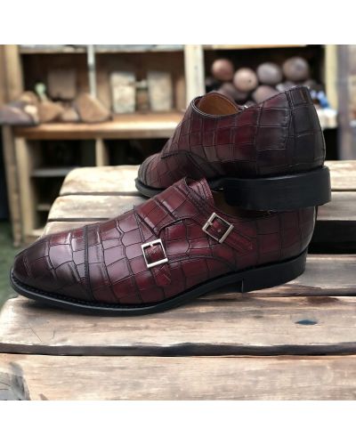 Double Monk strap shoe Berwick 5441 burgundy croco-effect embossed leather