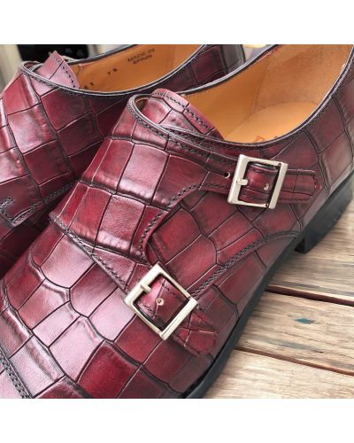 Double Monk strap shoe Berwick 5441 burgundy croco-effect embossed leather