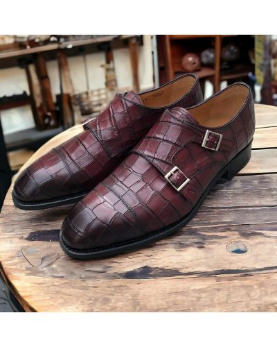 Double Monk strap shoe Berwick 5441 burgundy croco-effect embossed leather