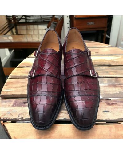 Double Monk strap shoe Berwick 5441 burgundy croco-effect embossed leather