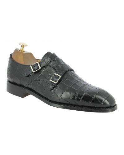 Double Monk strap shoe Berwick 5441 black leather croco print finish