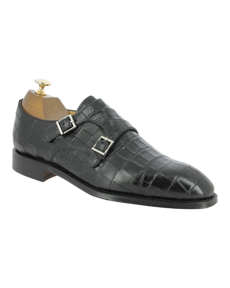 Double Monk strap shoe Berwick 5441 black croco-effect embossed leather