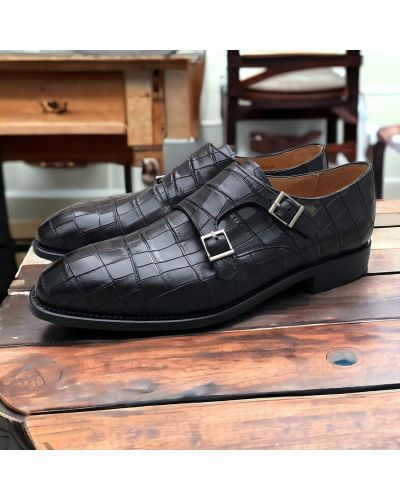 Double Monk strap shoe Berwick 5441 black croco-effect embossed leather