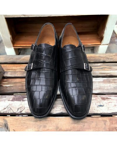 Double Monk strap shoe Berwick 5441 black croco-effect embossed leather