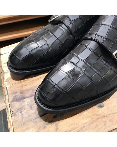 Double Monk strap shoe Berwick 5441 black croco-effect embossed leather