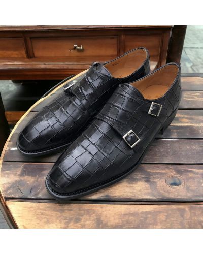 Double Monk strap shoe Berwick 5441 black croco-effect embossed leather