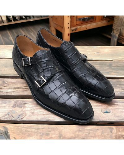 Double Monk strap shoe Berwick 5441 black croco-effect embossed leather