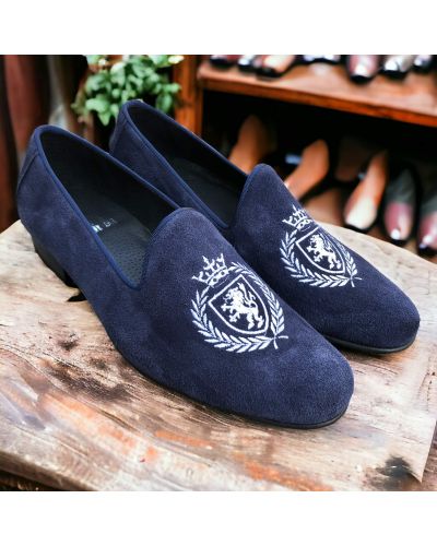 Moccasin embroidered slippers sleepers Center 51 crown blue navy suede