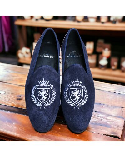 Moccasin embroidered slippers sleepers Center 51 crown blue navy suede