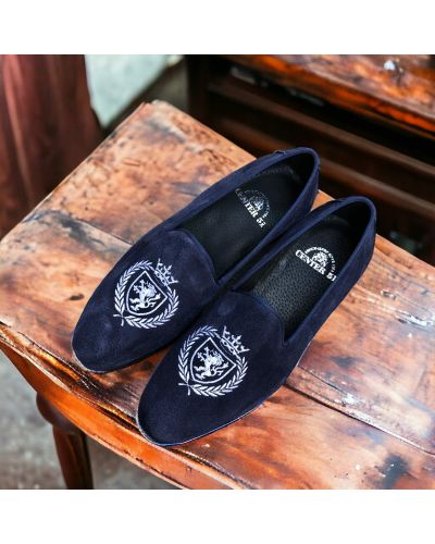 Mocassin brodé slippers Center 51 crown daim marine