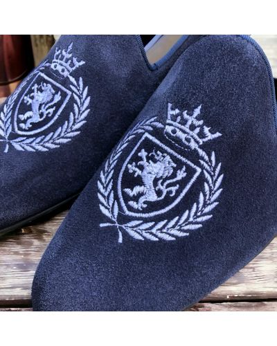 Moccasin embroidered slippers sleepers Center 51 crown blue navy suede