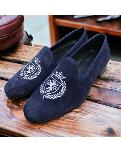 Moccasin embroidered slippers sleepers Center 51 crown blue navy suede