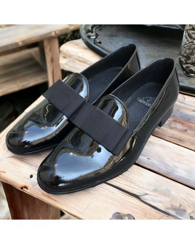 Moccasin bow knot slippers Center 51 Knot black varnished leather with black bow knot