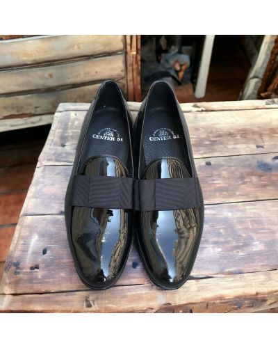 Moccasin bow knot slippers Center 51 Knot black varnished leather with black bow knot