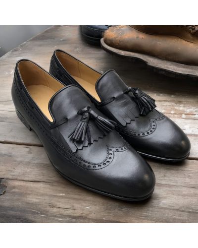 Mocassin à pompons et frange James FitzJames S0055 cuir noir