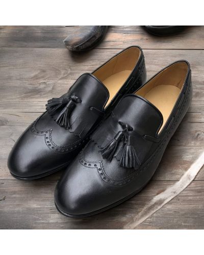 Mocassin à pompons et frange James FitzJames S0055 cuir noir