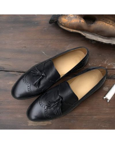 Mocassin à pompons et frange James FitzJames S0055 cuir noir