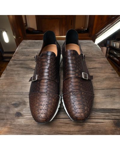 Double Monk strap Sneakers Center 51 12998 brown leather python print finish