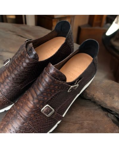 Double Monk strap Sneakers Center 51 12998 brown leather python print finish