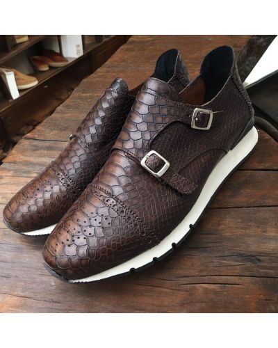 Double Monk strap Sneakers Center 51 12998 brown leather python print finish