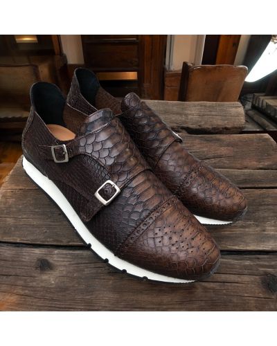 Double Monk strap Sneakers Center 51 12998 brown leather python print finish