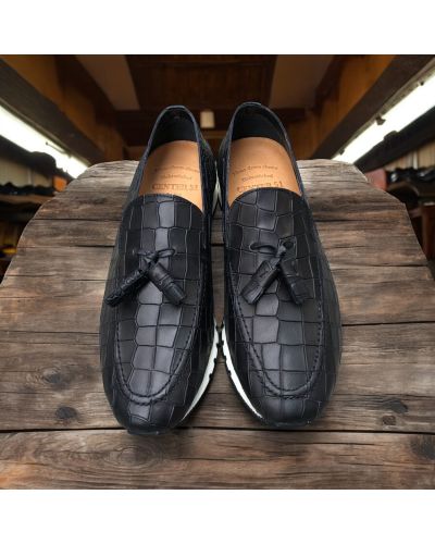 Moccasin with Pompons Sneakers Center 51 13504 black leather croco print finish