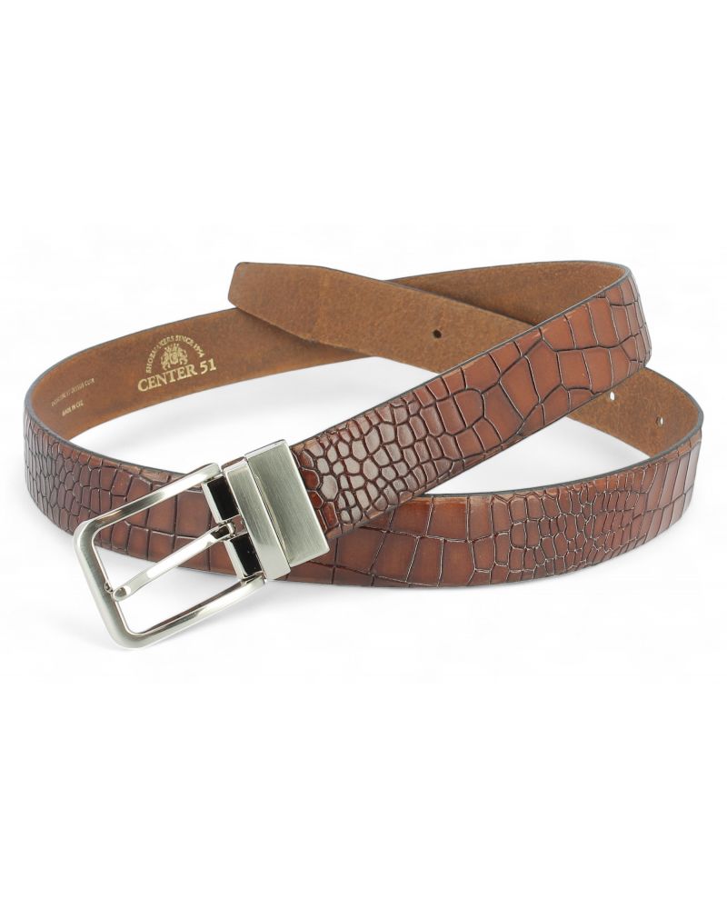 Leather Belt dark brown croco-effect embossed leather