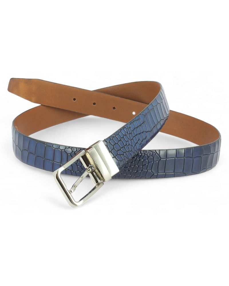 Leather Belt navy blue croco-effect embossed leather