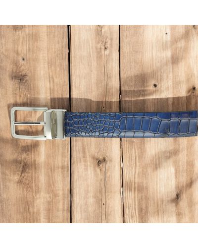 Leather Belt navy blue croco-effect embossed leather