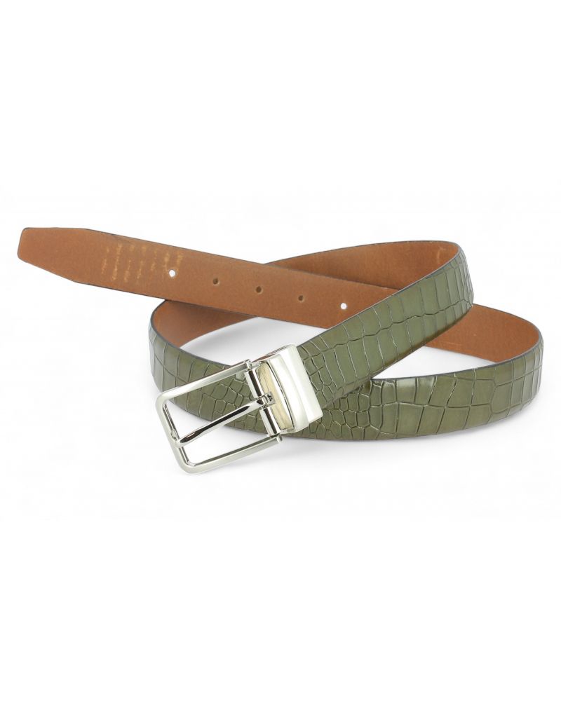 Leather Belt green croco-effect embossed leather