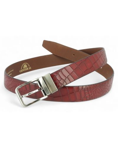 Leather Belt burgundy croco-effect embossed leather